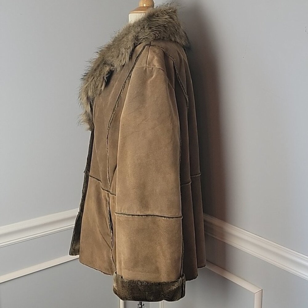 VENEZIA JEANS VTG Brown Suede Exposed Seam Faux Fur Lapel Collar Jacket Coat - Picture 2 of 11